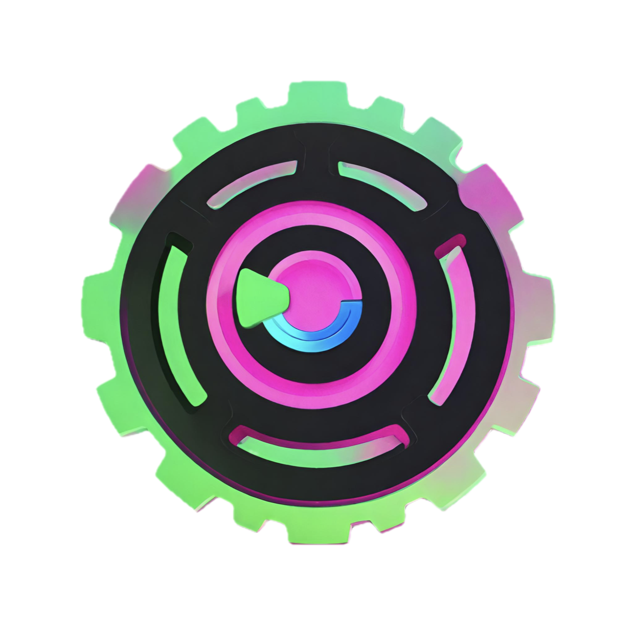 A gear in pink blue and green